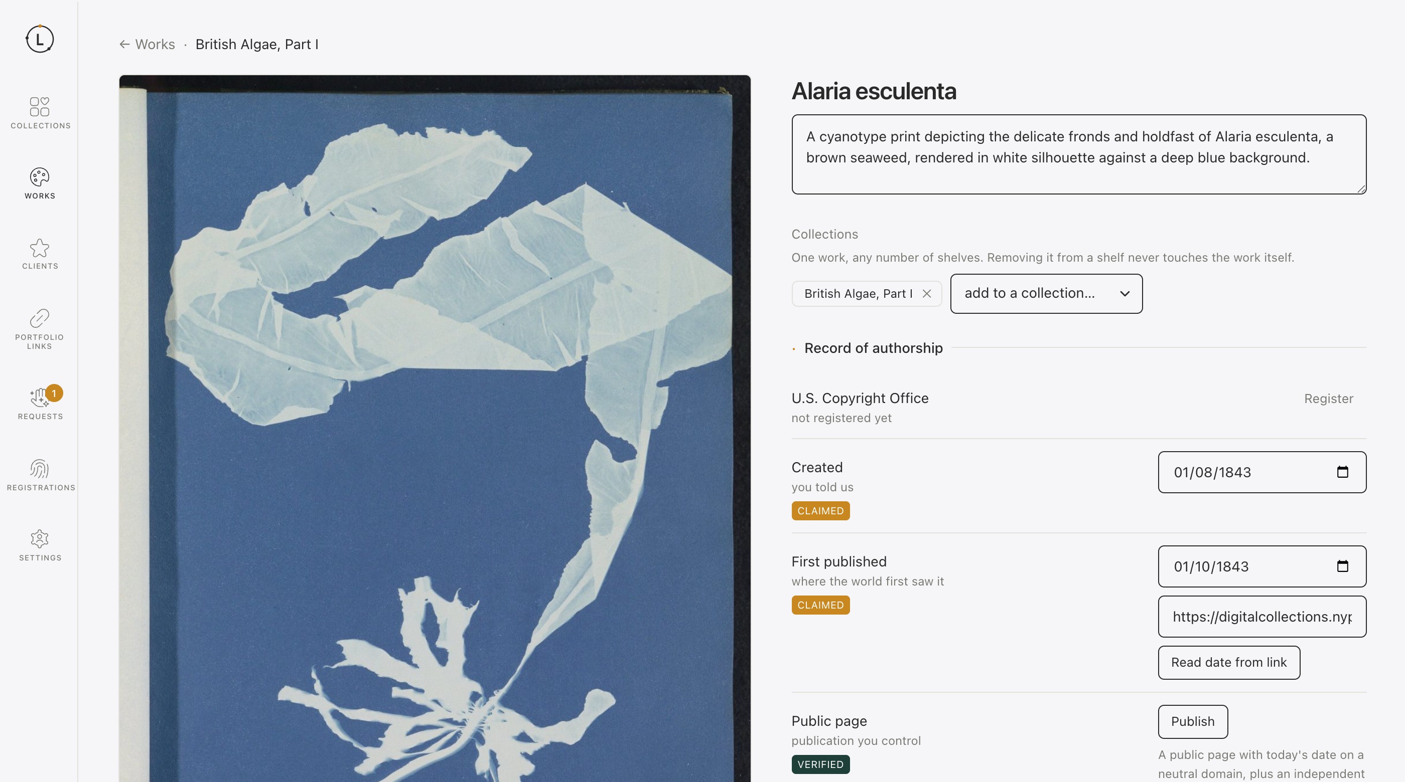 One work: its dates, its collection, its record of authorship
